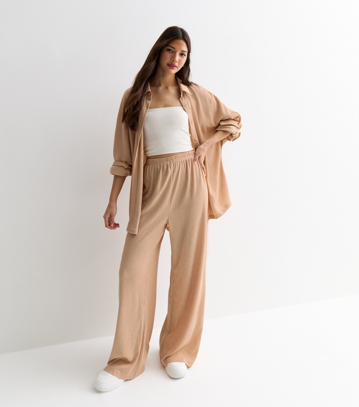 Women's Camel Crinkle Wide Leg Trousers Gini London New Look