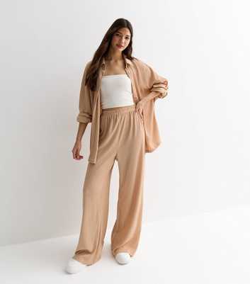 Gini London Camel Crinkle Wide Leg Trousers