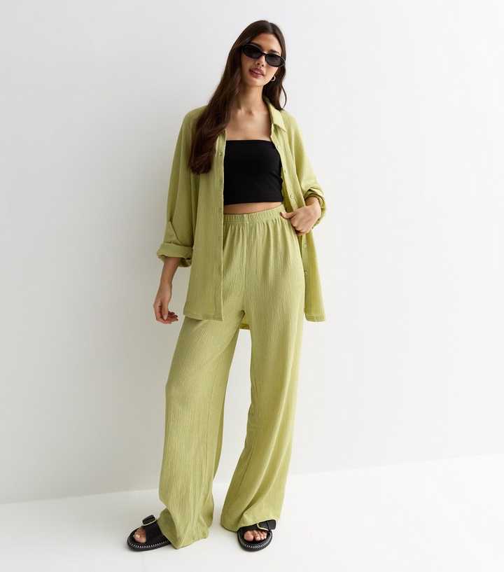 Gini London Light Green Crinkle Wide Leg Trousers