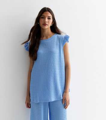 Gini London Blue Textured Frill Sleeve Oversized Top