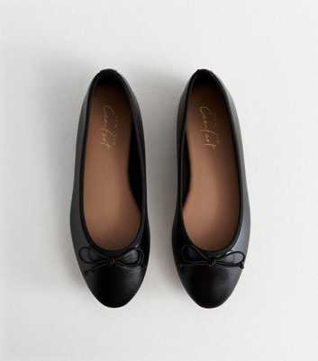 Black Bow-Trim Flat Leather-Look Ballerina Shoes