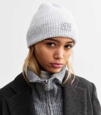 Grey Logo Tab Rib Knit Beanie Hat