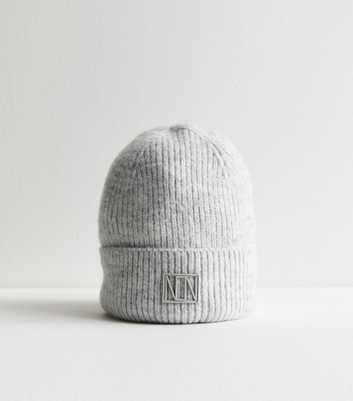 Grey Logo Tab Rib Knit Beanie Hat