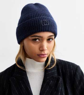 Navy Logo Tab Rib Knit Beanie Hat