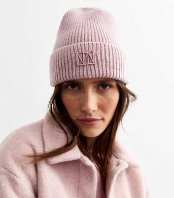 Pink Logo Tab Rib Knit Beanie Hat