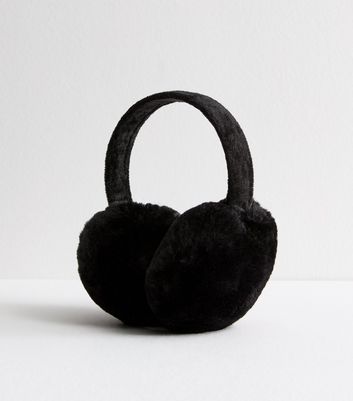 Black Faux Fur Adjustable Headband Earmuffs New Look