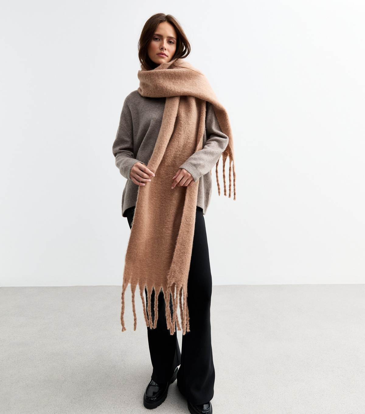 Camel Brushed Fringed Scarf New Look