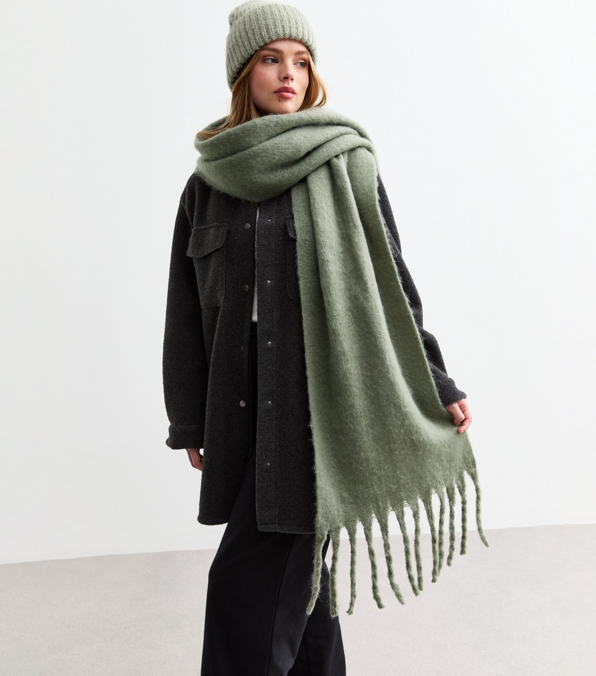 Green Brushed Fringed Scarf New Look