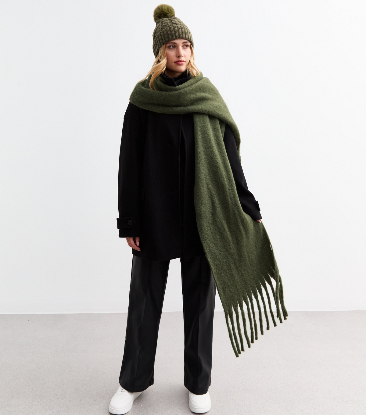 Khaki Brushed Fringed Scarf New Look