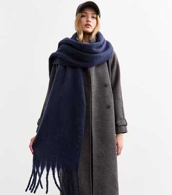 Navy Brushed Fringed Scarf