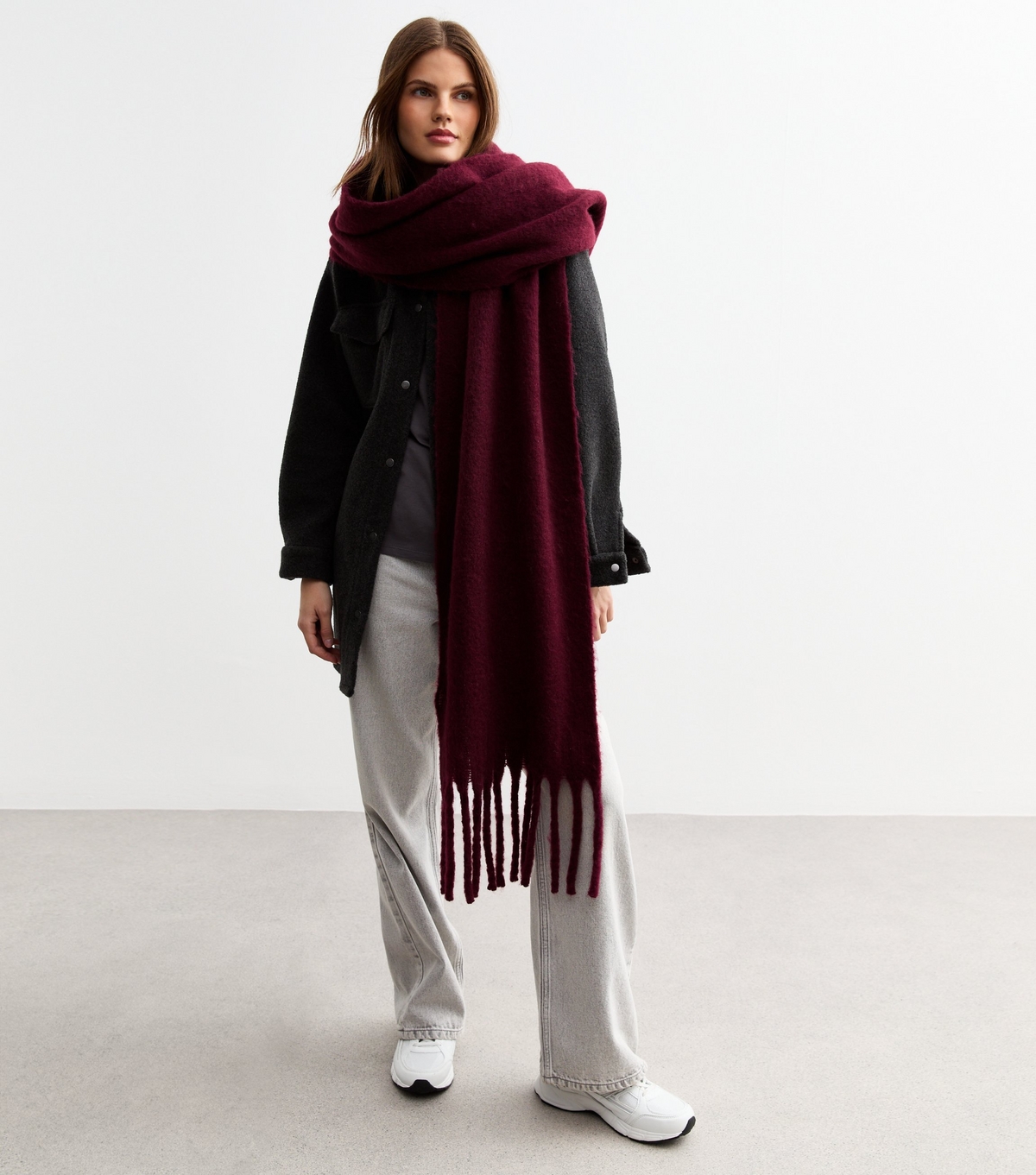 Burgundy Brushed Fringed Scarf New Look