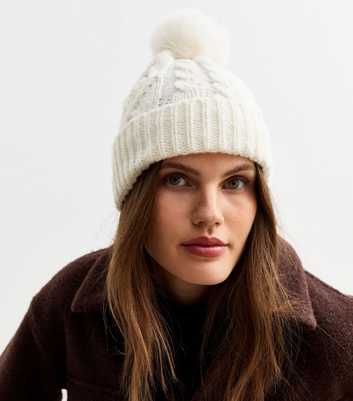 Cream Faux-Fur Pom Pom Bobble Hat