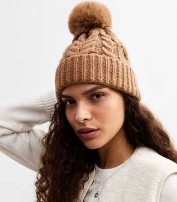 Camel Faux-Fur Pom Pom Bobble Hat