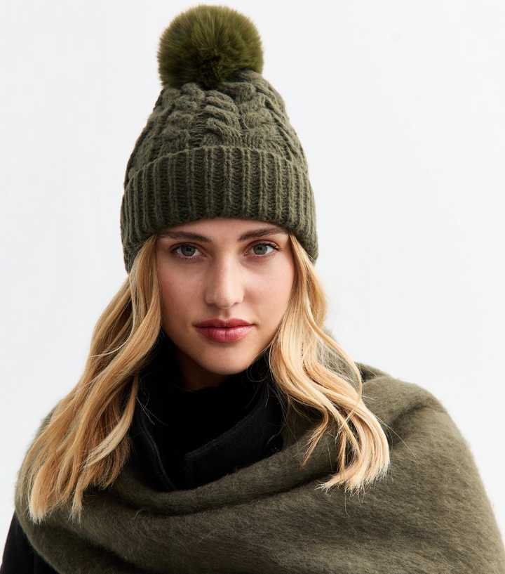 Khaki Faux-Fur Pom Pom Bobble Hat - Main Image