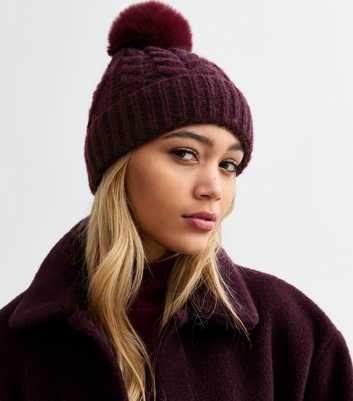 Burgundy Faux-Fur Pom Pom Bobble Hat