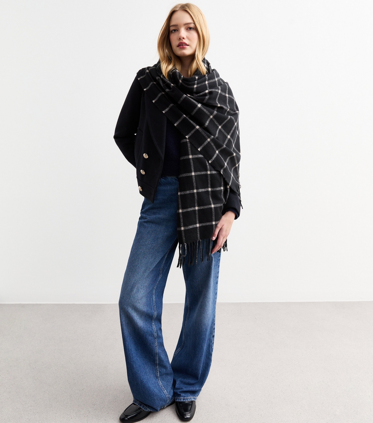 Black Fringed Checked Scarf New Look