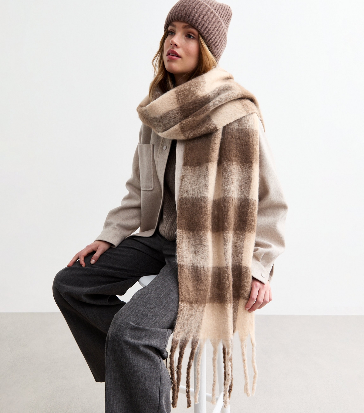 Brown Soft Knit Check Scarf New Look