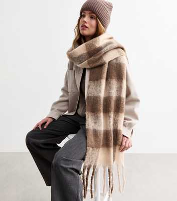 Brown Soft Knit Check Scarf