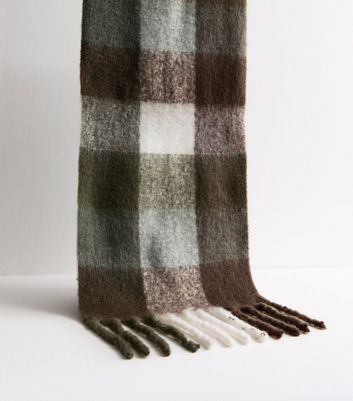 Khaki Soft Knit Checked Scarf New Look