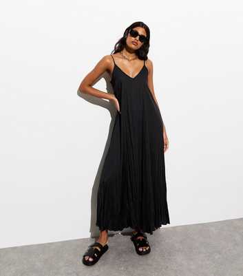 Black Crinkle Satin Slouch Slip Maxi Dress