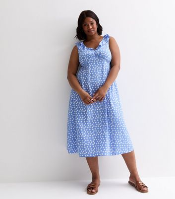 Curves Blue Spot Print Sleeveless Frill Midi Dress New Look