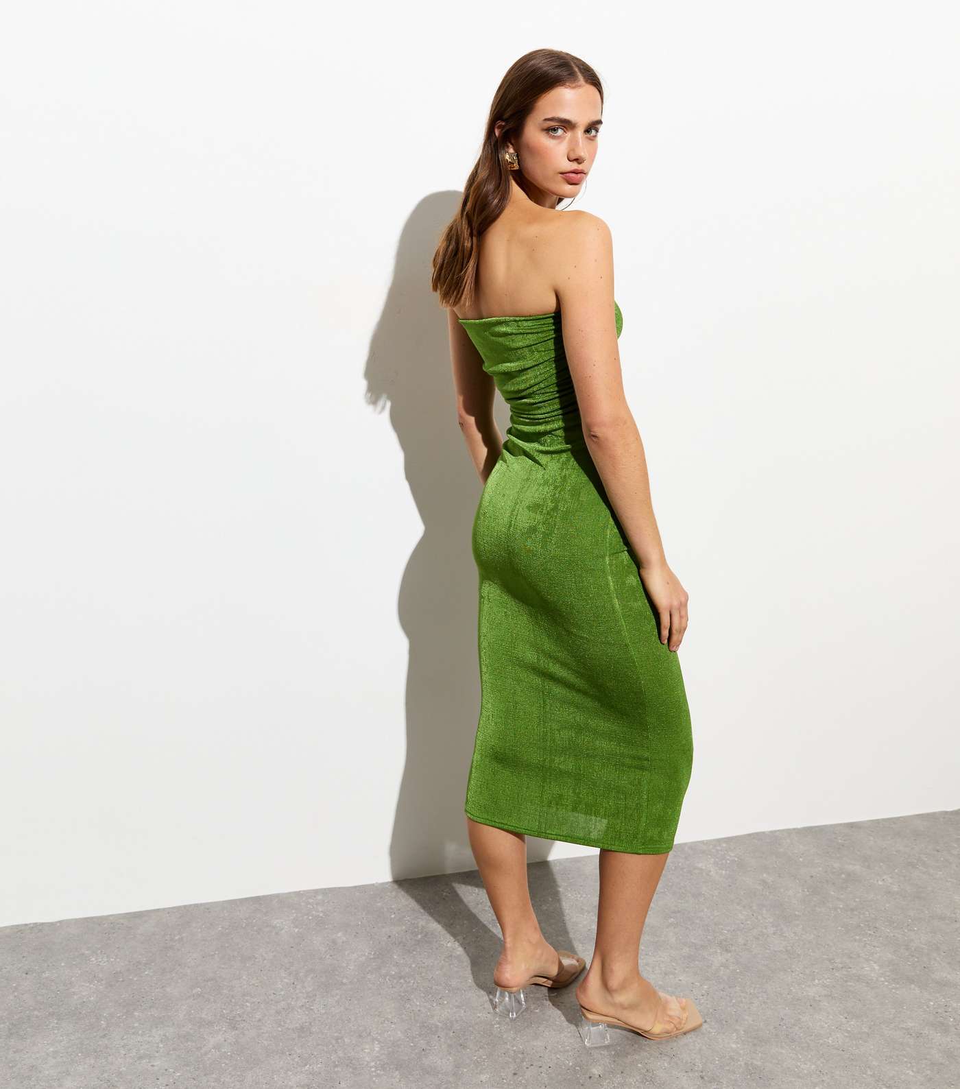 Green High Shine Ruched Bandeau Midi Dress Image 4