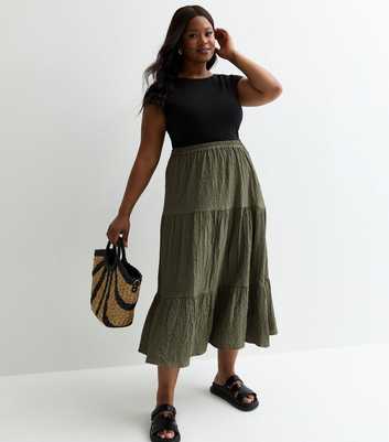Curves Green Textured Midi Skirt