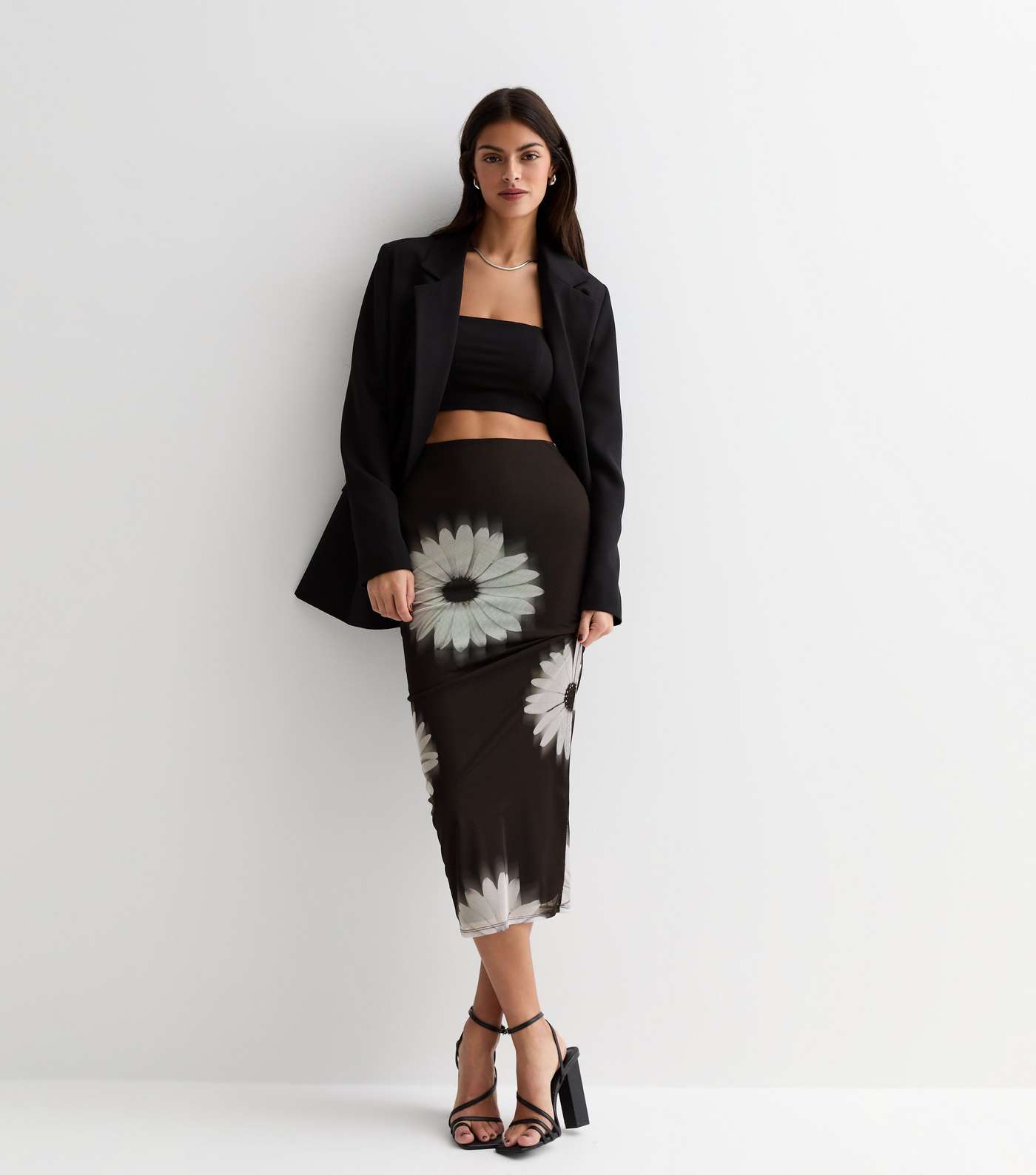 Black Daisy Print Mesh Midi Skirt Image 3