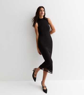 Black Mesh High Neck Midaxi Dress