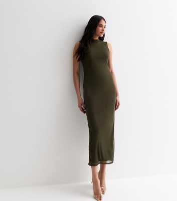 Olive Mesh High Neck Midaxi Dress