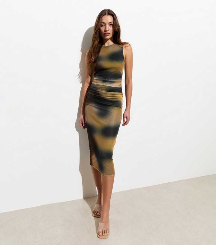 knee length dresses for ladies Ruched Mesh Midi Dress