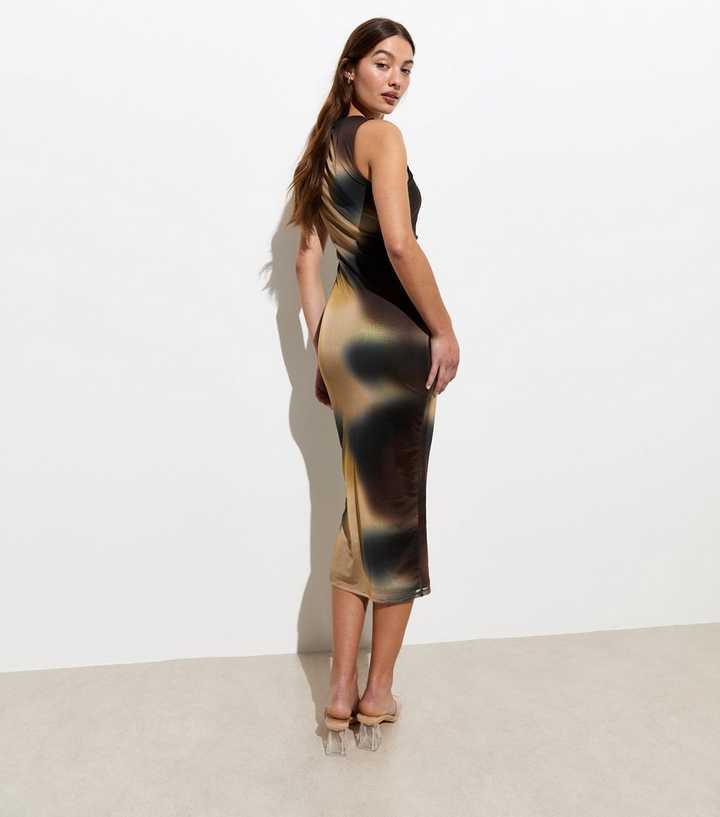 Brown Ombré Mesh Ruched Midi Dress