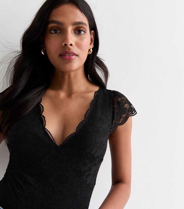 Black Lace Cap Sleeve Bodysuit