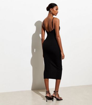 Black Ribbed Strappy Ruched Midi Dress New Look