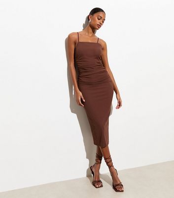 Dark Brown Ribbed Strappy Ruched Midi Dress New Look