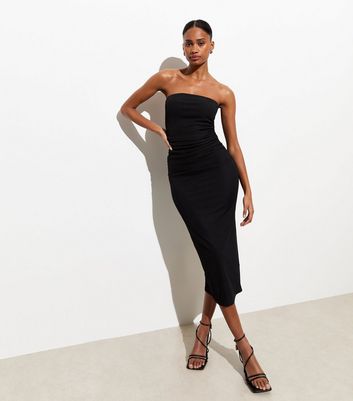 Black Ribbed Bandeau Midi Dress New Look