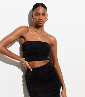 Black High Shine Ruched Bandeau Crop Top New Look