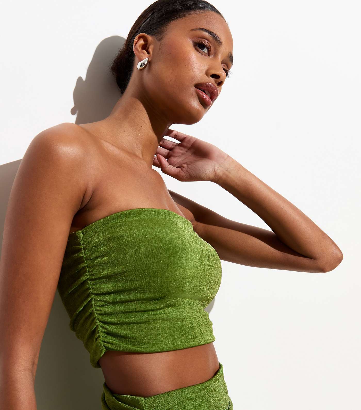 Green High Shine Ruched Bandeau Crop Top Image 3