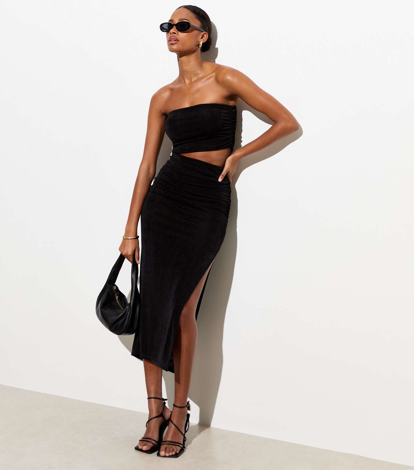 Black High Shine Ruched Midi Skirt Image 2