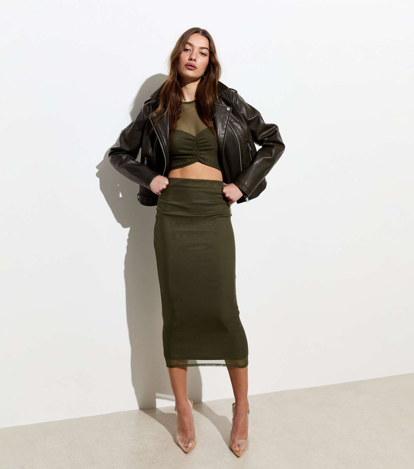 Olive Mesh High Waist Midi Skirt