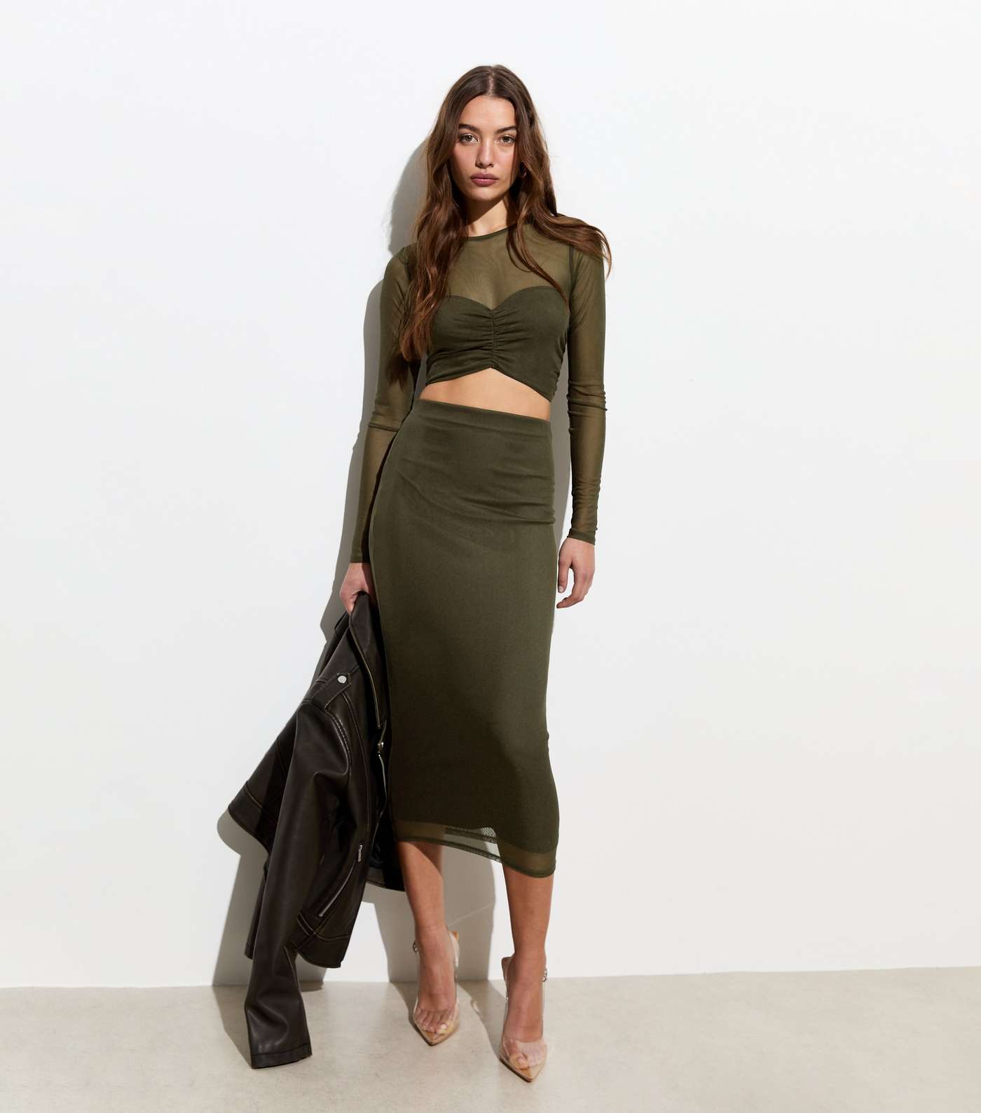 Olive Mesh High Waist Midi Skirt Image 3