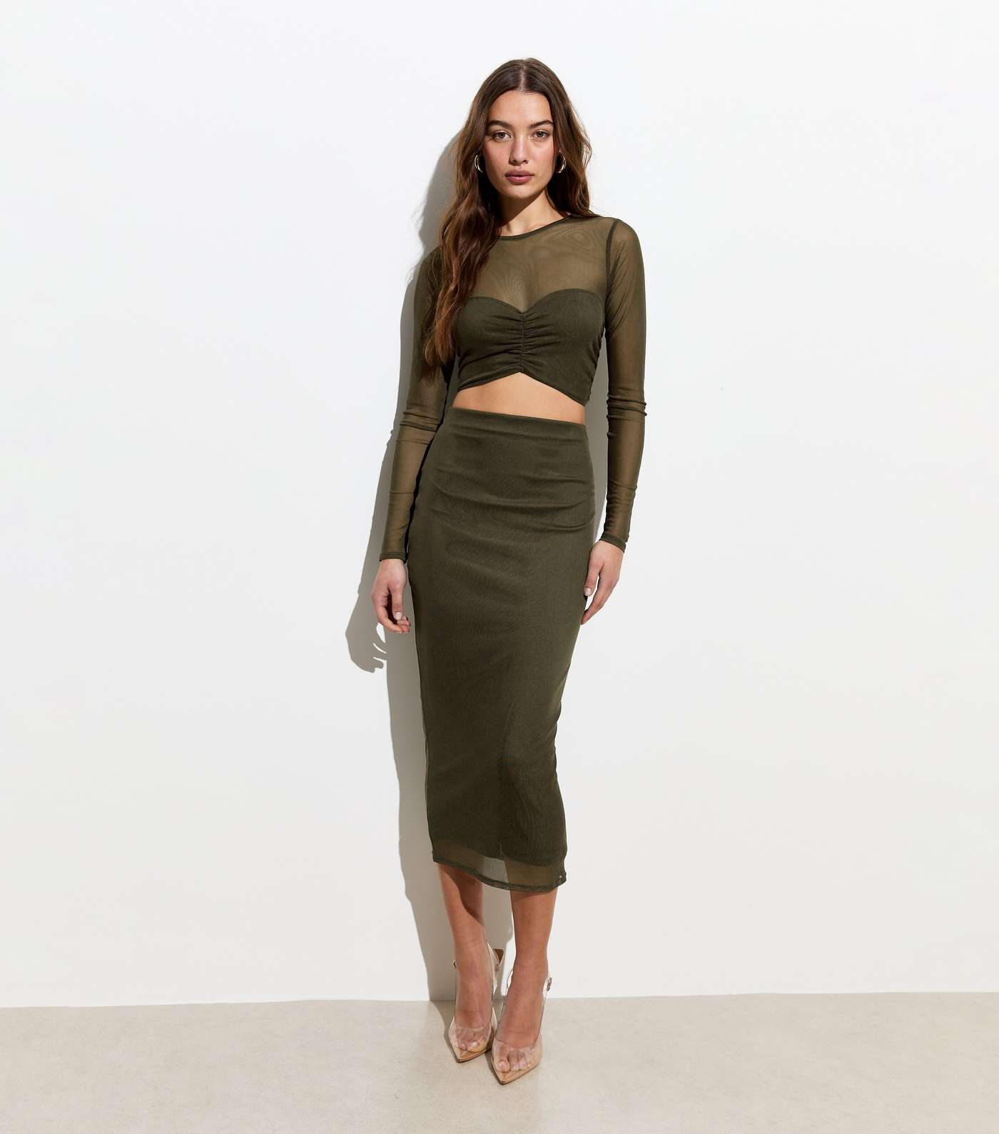 Olive Mesh High Waist Midi Skirt Image 5
