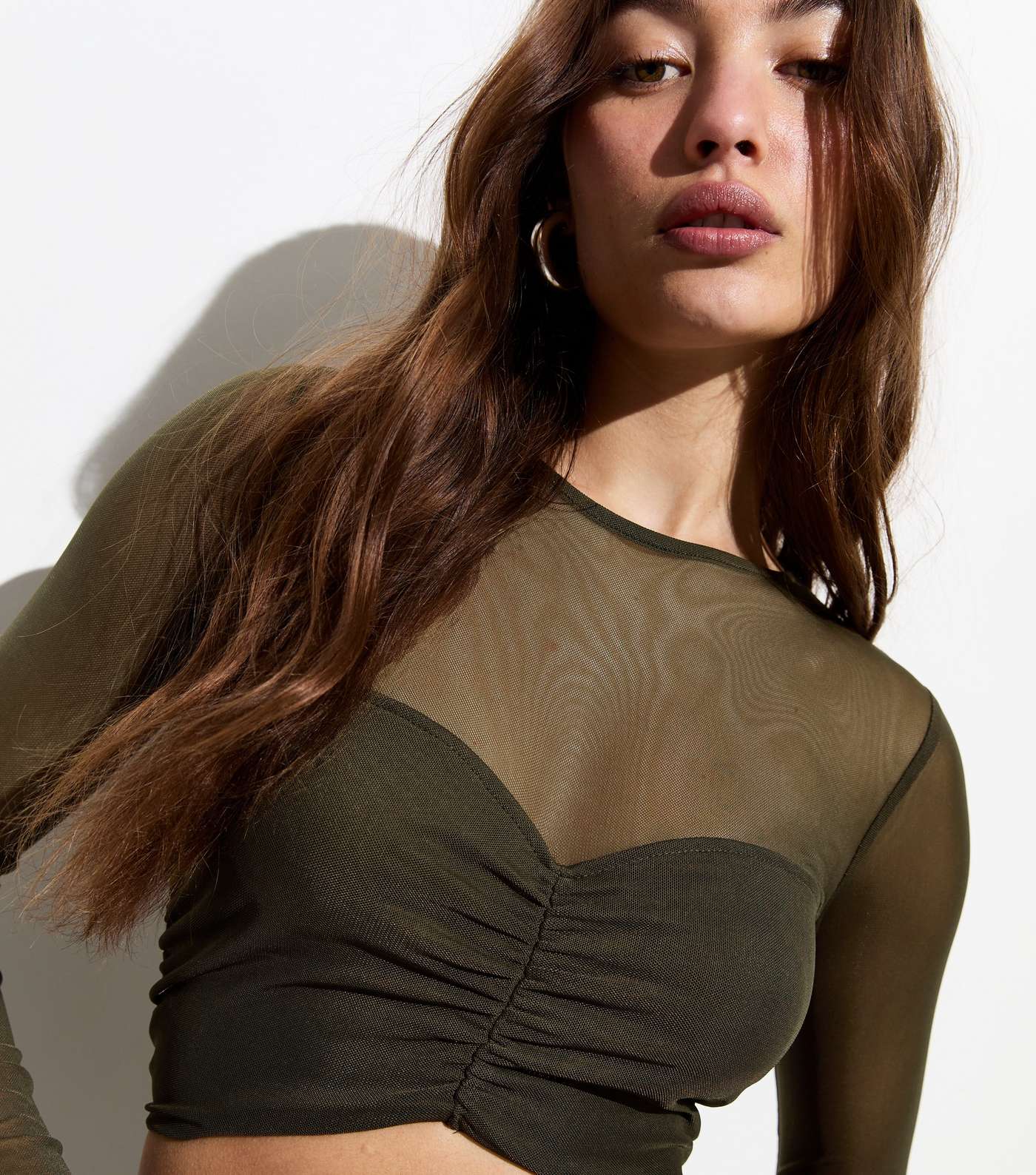 Olive Mesh Long Sleeve Ruched Crop Top Image 2