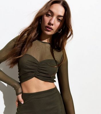 Olive Mesh Long Sleeve Ruched Crop Top New Look