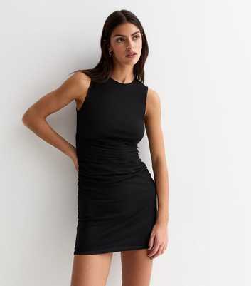 Black Mesh Ruched Sleeveless Mini Dress