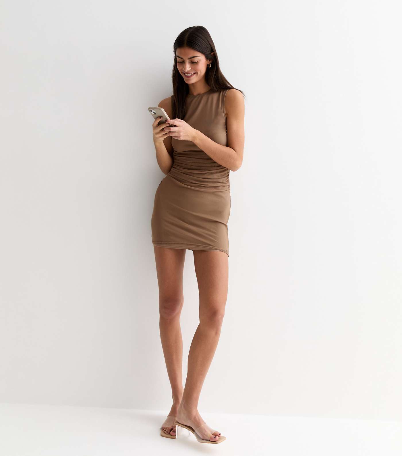 Brown Mesh Ruched Sleeveless Mini Dress Image 5