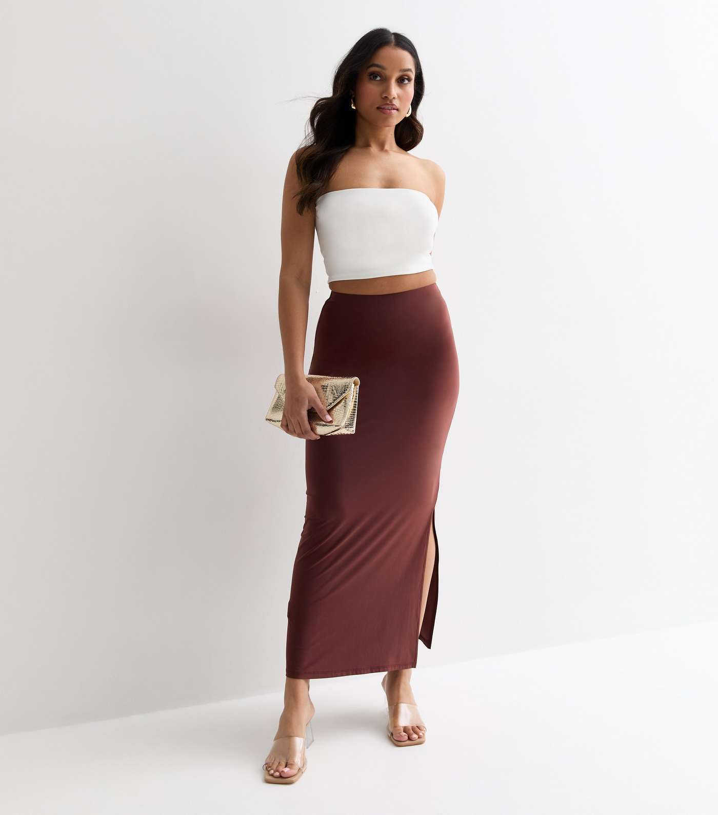 Petite Brown Jersey Split Hem Midi Skirt Image 3