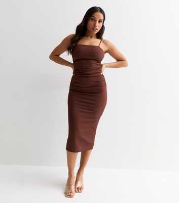Petite Dark Brown Ribbed Strappy Midi Dress