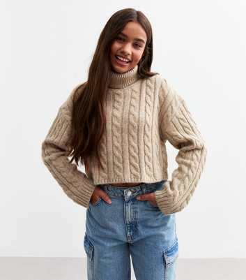 Girls Mink Cable Knit Roll Neck Jumper