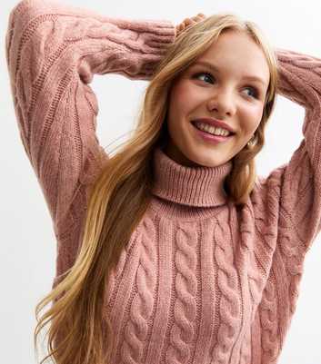 Girls Pink Cable Knit Roll Neck Jumper